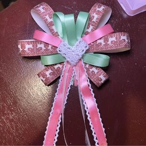 Pink and Green Ribbon Bow Brooch with Heart Center rosette ribbon medallion